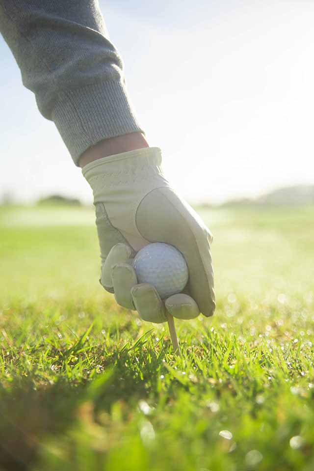 A person putting a golf ball with tee on green grass